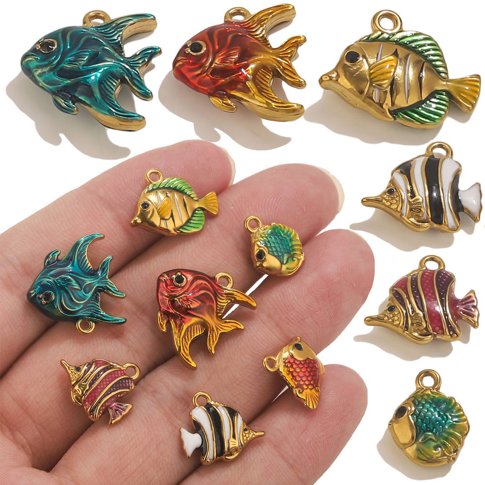 Jewelry Making Materials Wholesale - 4pcs Stainless Steel Enamel Ocean Fish